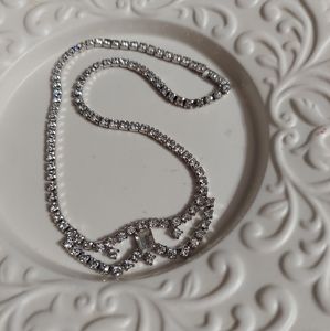 Frosted Silver/Faceted Cut Crystal Drape Statement Necklace